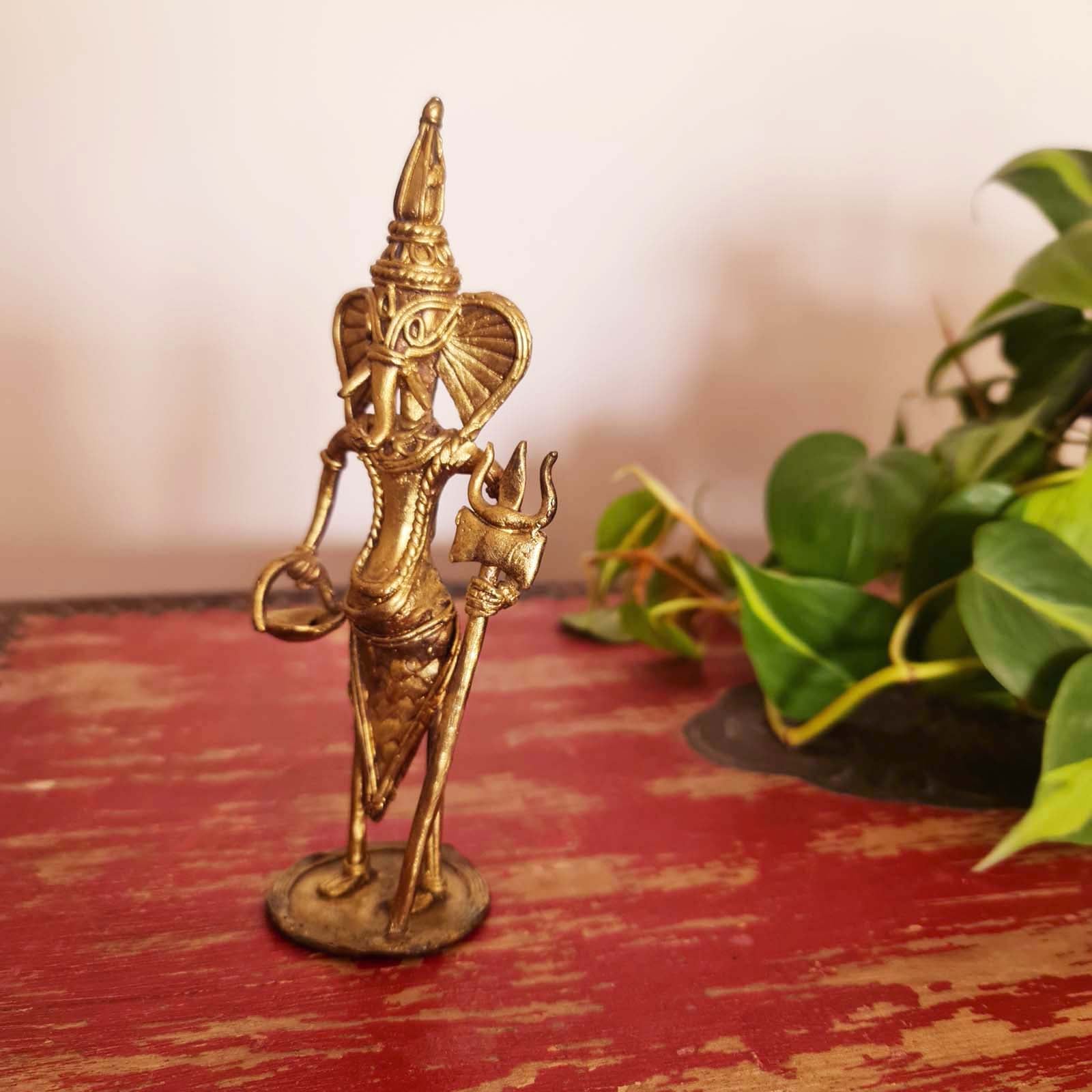 Ganesha Showpiece Handmade in Metal | Dhokra Craft - H - 7 inches X W - 2.5 inches / Brass