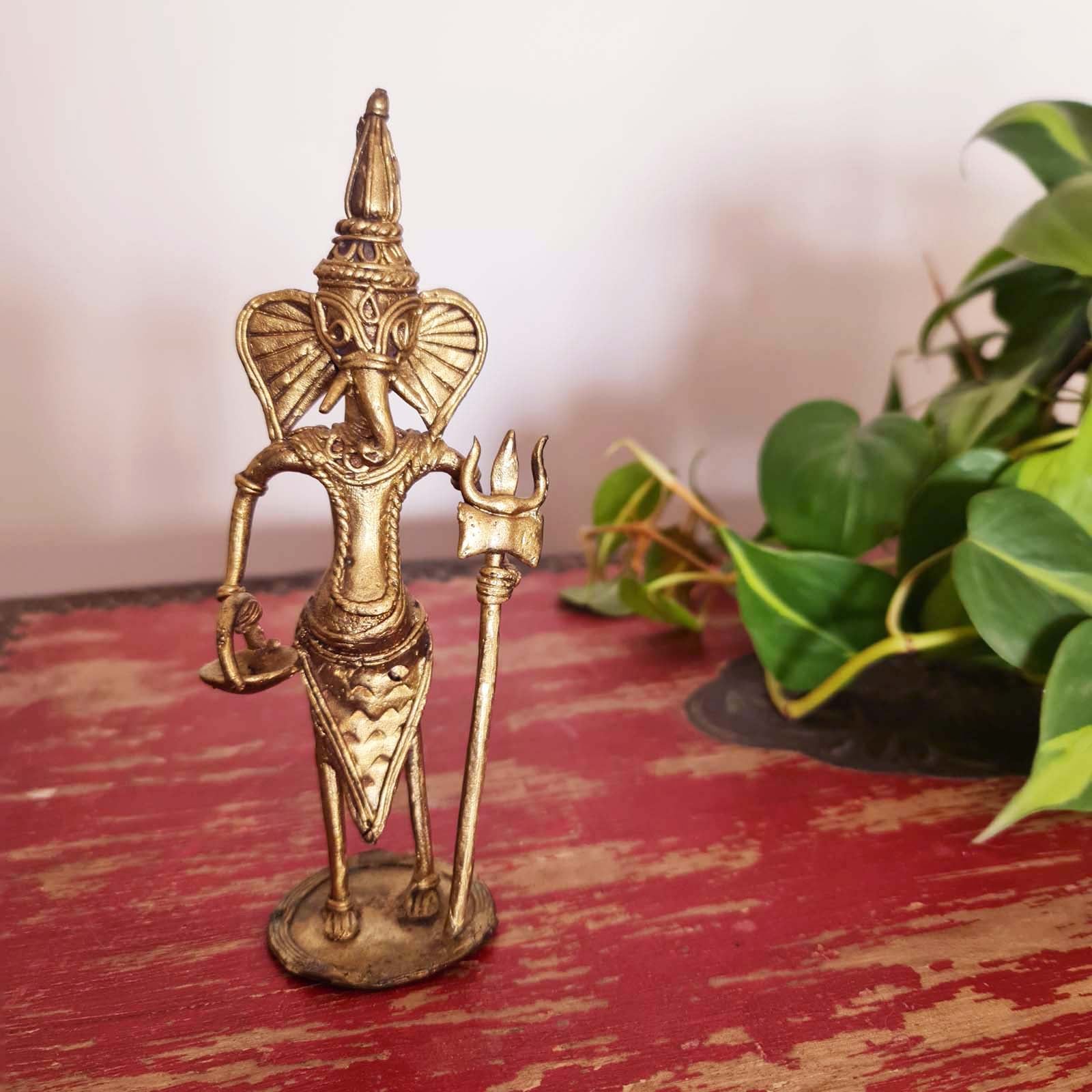 Ganesha Showpiece Handmade in Metal | Dhokra Craft - H - 7 inches X W - 2.5 inches / Brass