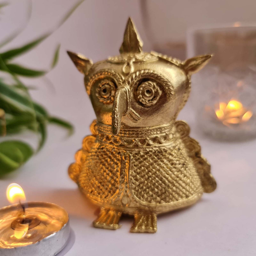 Dhokra Metal Handmade Owl Showpiece| H- 3.5 inches x W- 2.5 inches| Brass