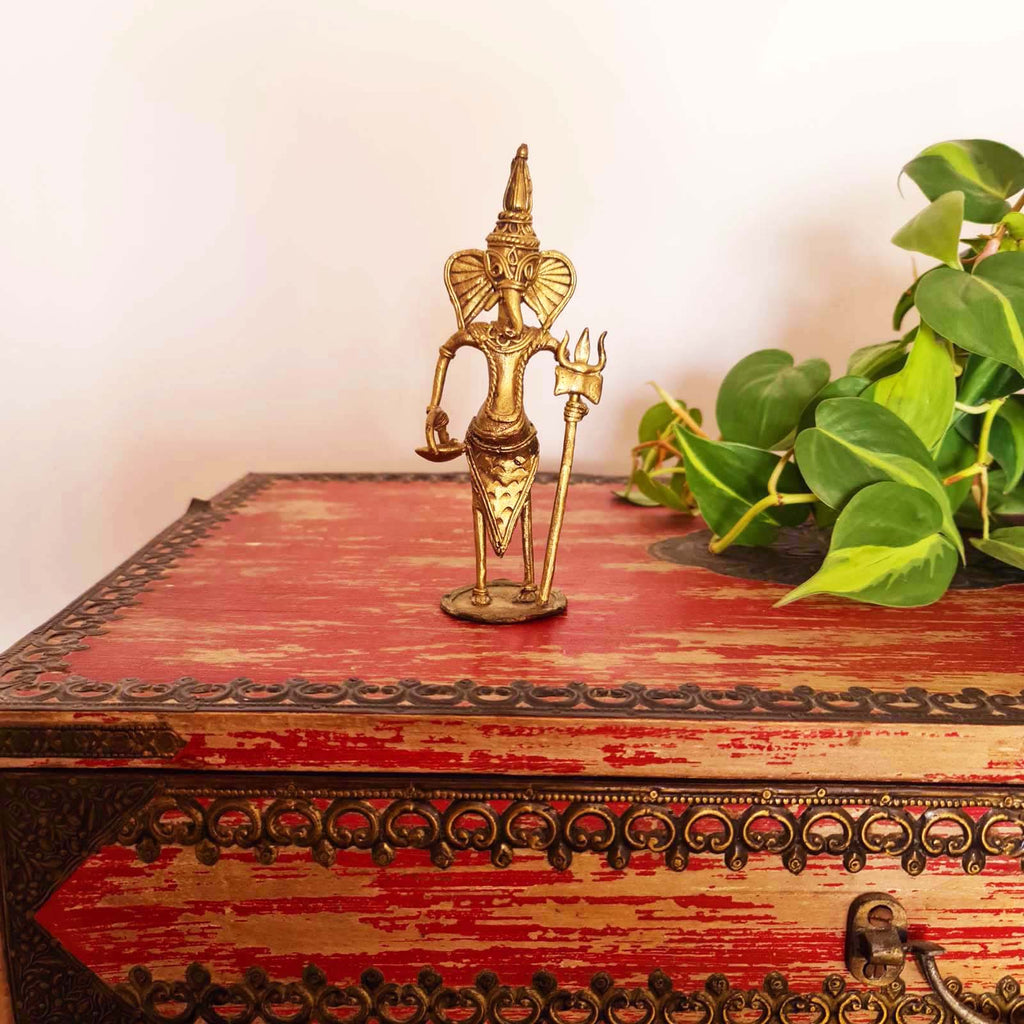 Ganesha Showpiece Handmade in Metal | Dhokra Craft - H - 7 inches X W - 2.5 inches / Brass