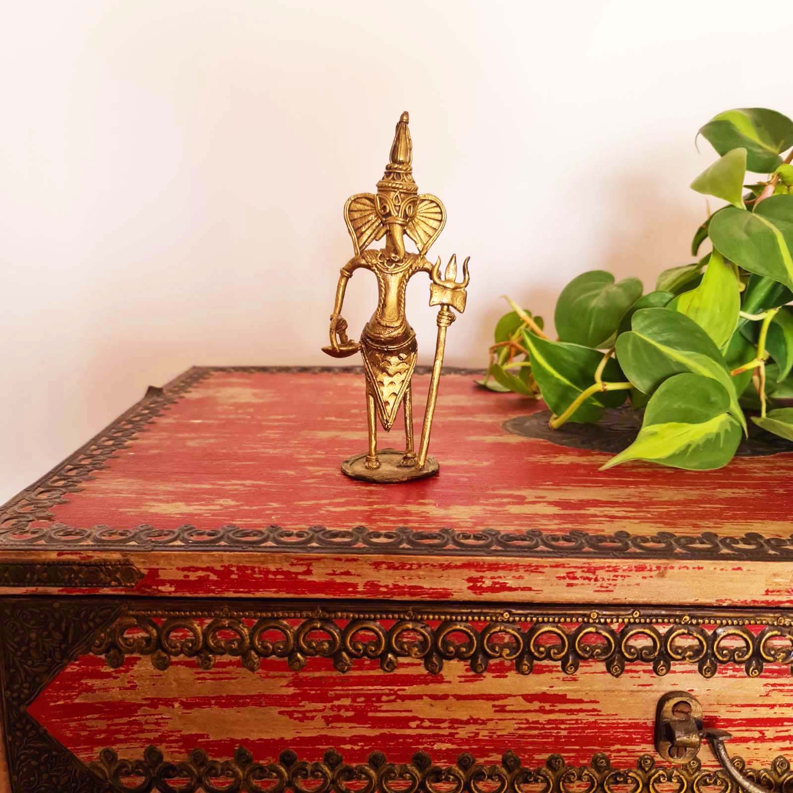 Ganesha Showpiece Handmade in Metal | Dhokra Craft - H - 7 inches X W - 2.5 inches / Brass