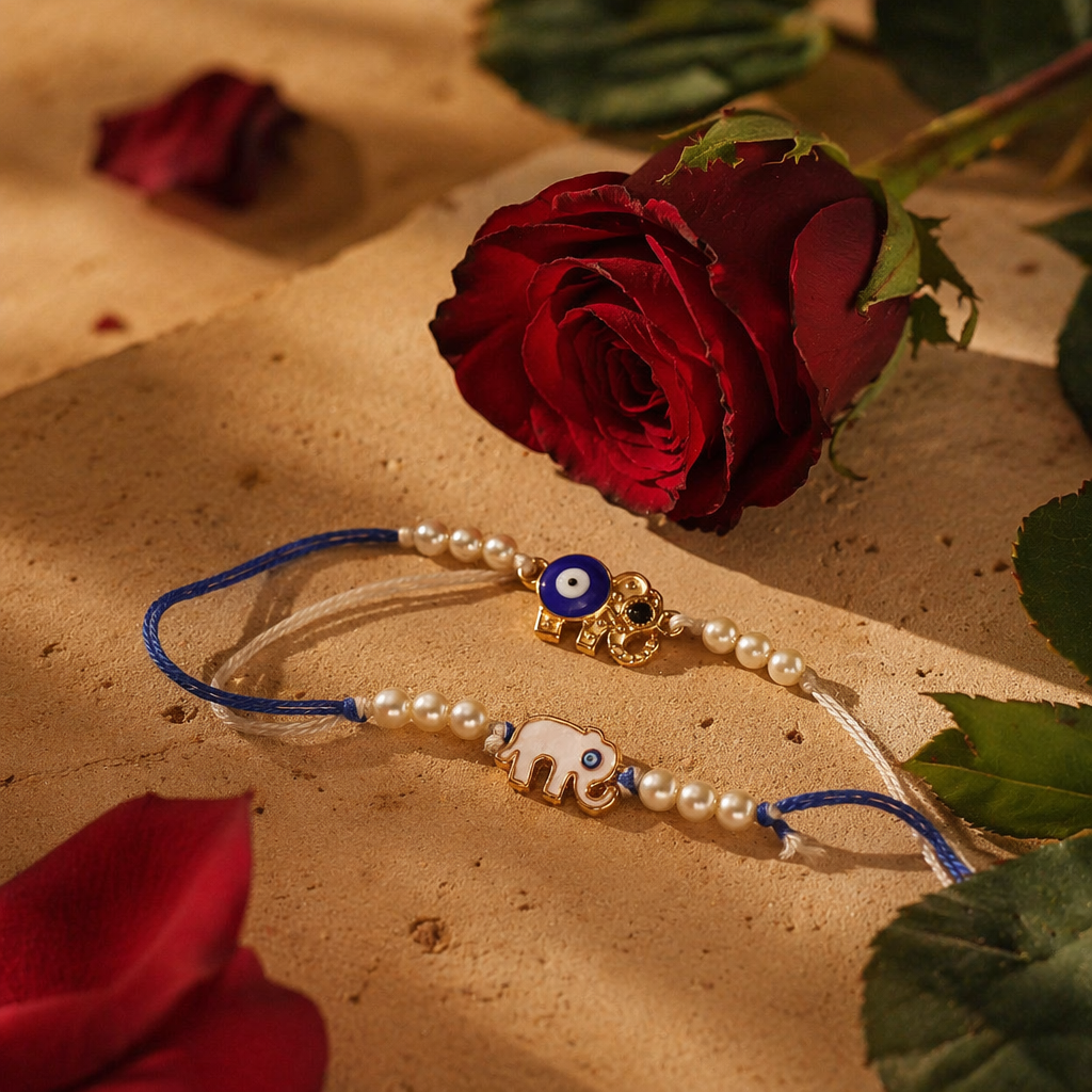 Hand-Beaded Elephant Evil Eye — Rakhi Set