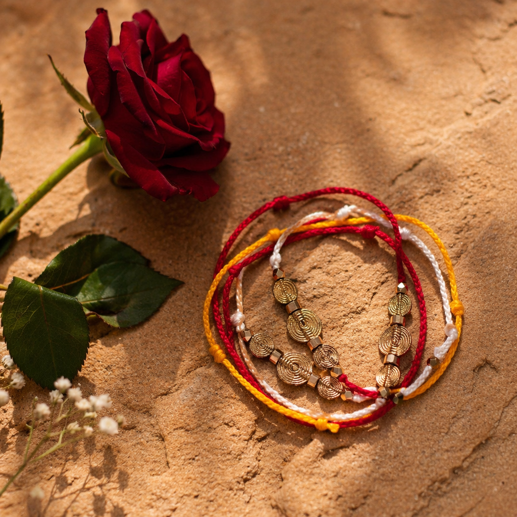 Hand-Strung Spiral Coin — Brass Bead Rakhi Set