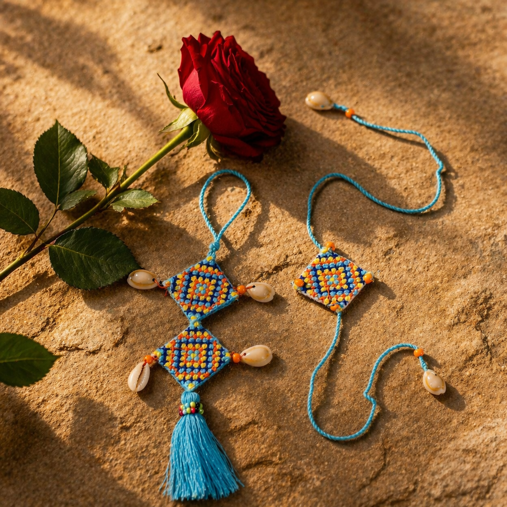 Hand-Embroidered — Blue Cowrie Rakhi & Lumba