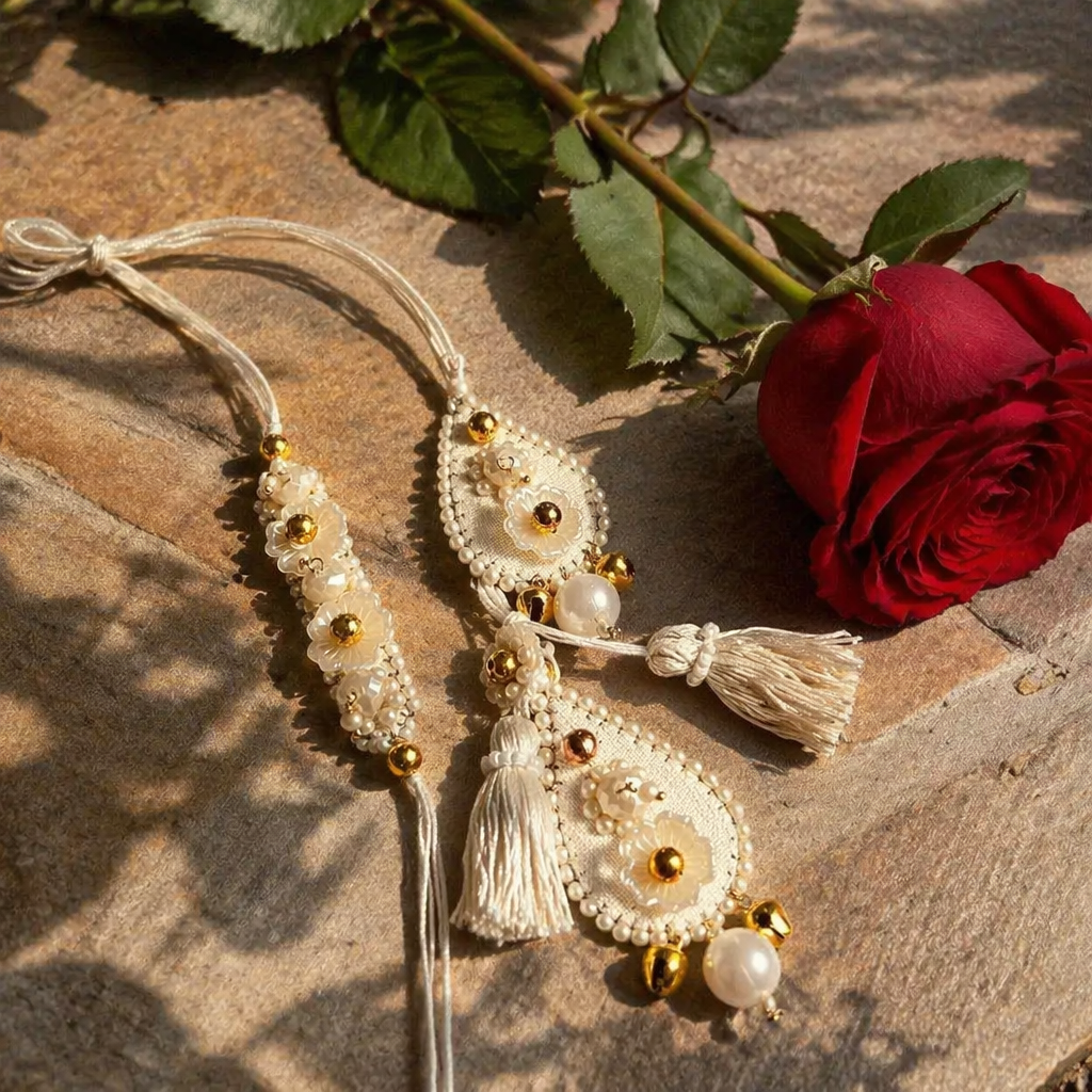 Ivory Bloom — Hand-Embroidered Rakhi Duo