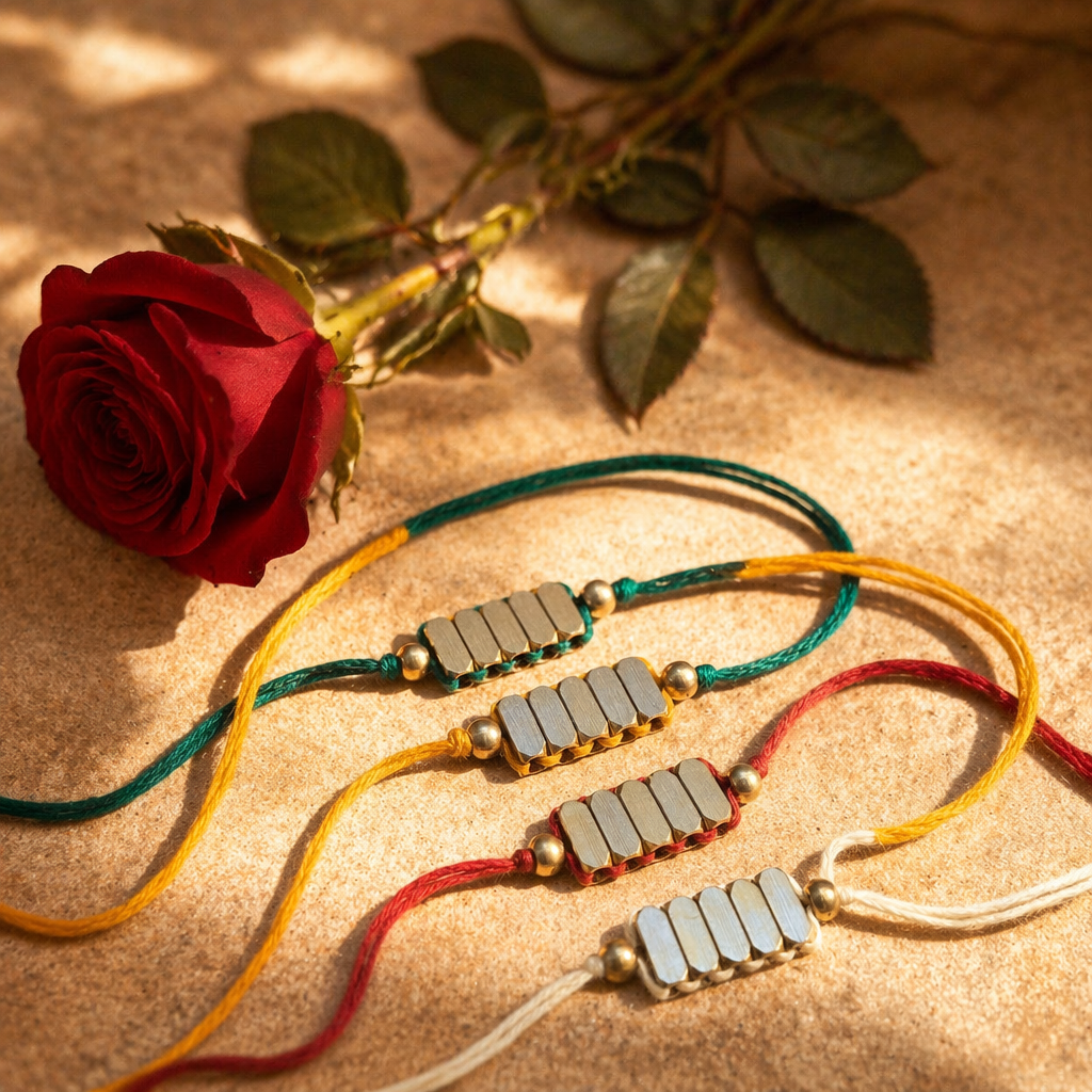 Hand-Strung Cast Brass — Rectangle Bead Rakhi