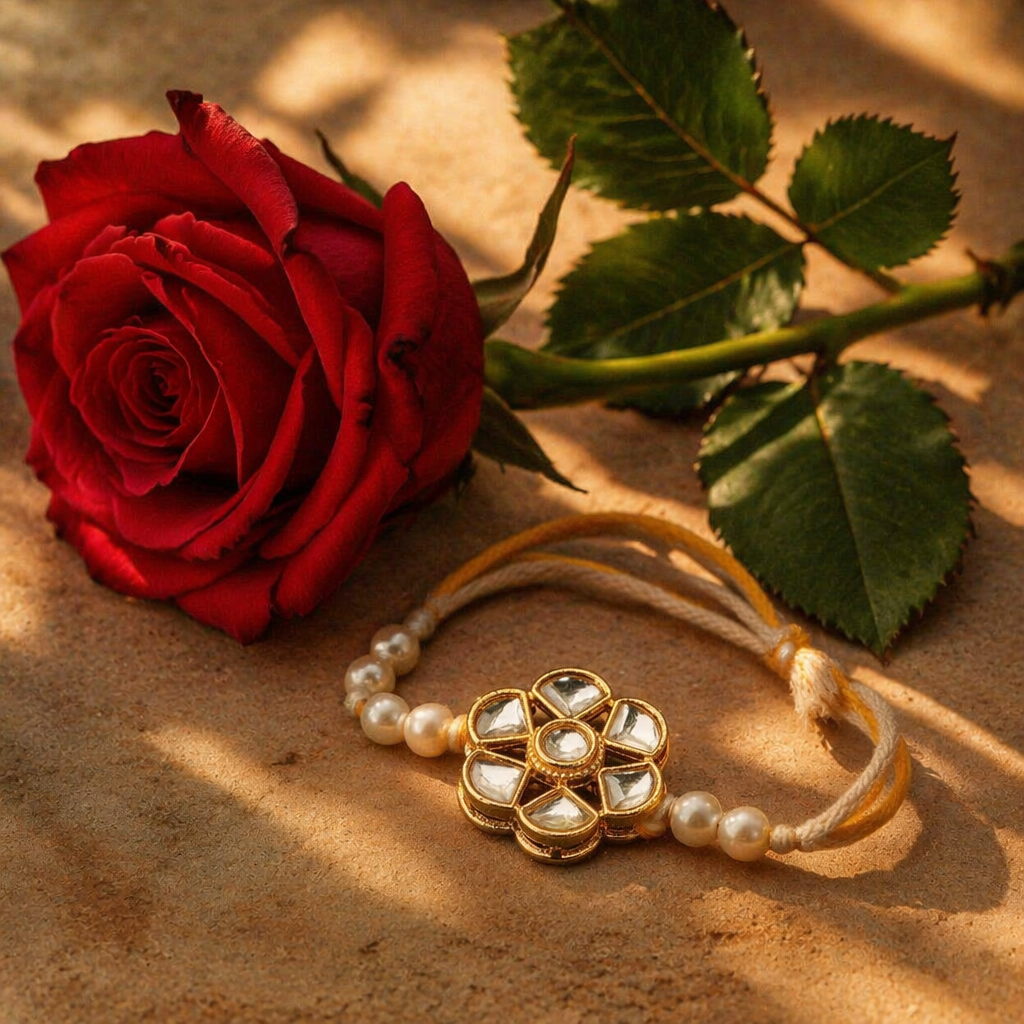 Handcrafted Kundan Flower — Rakhi
