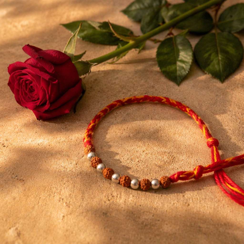Hand-Strung Panchmukhi Sutra — Small Silver Bead Rakhi