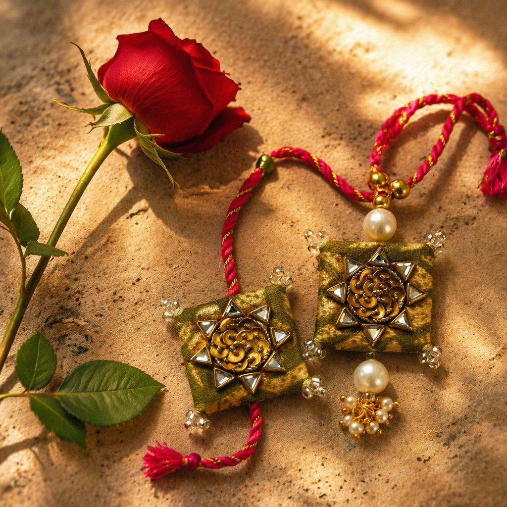 Mirror & Kundan — Hand-Embroidered Bhaiya-Bhabhi Rakhi Set
