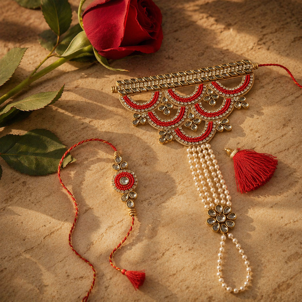 Hand-Beaded Pearl Hathphool — Lumba Rakhi