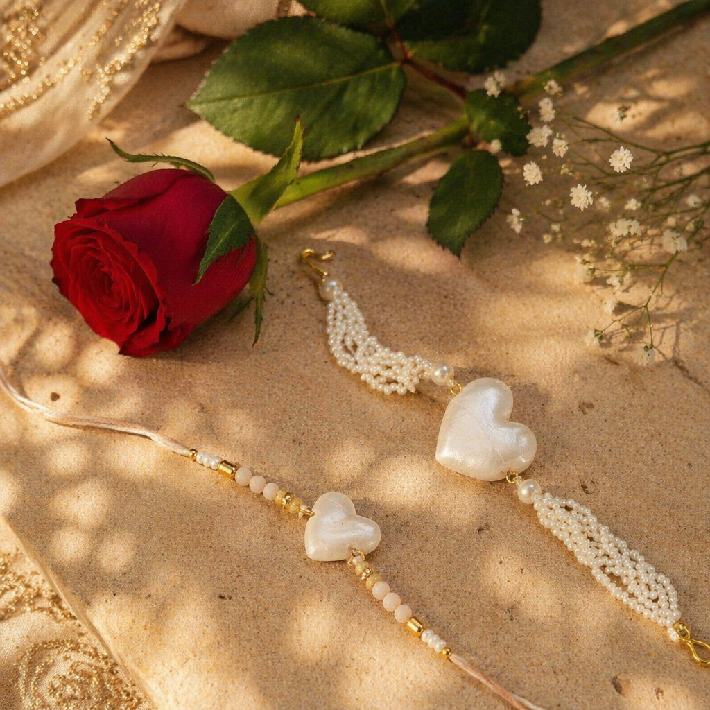 Pearl Heart — Handcrafted Bhaiya-Bhabhi Rakhi Duo