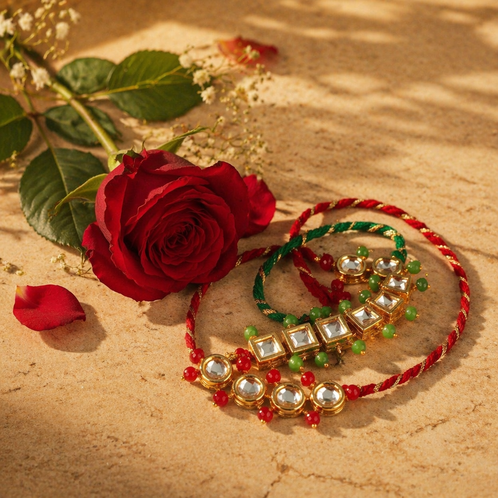 Handcrafted Antique Kundan — Minimalist Rakhi Trio
