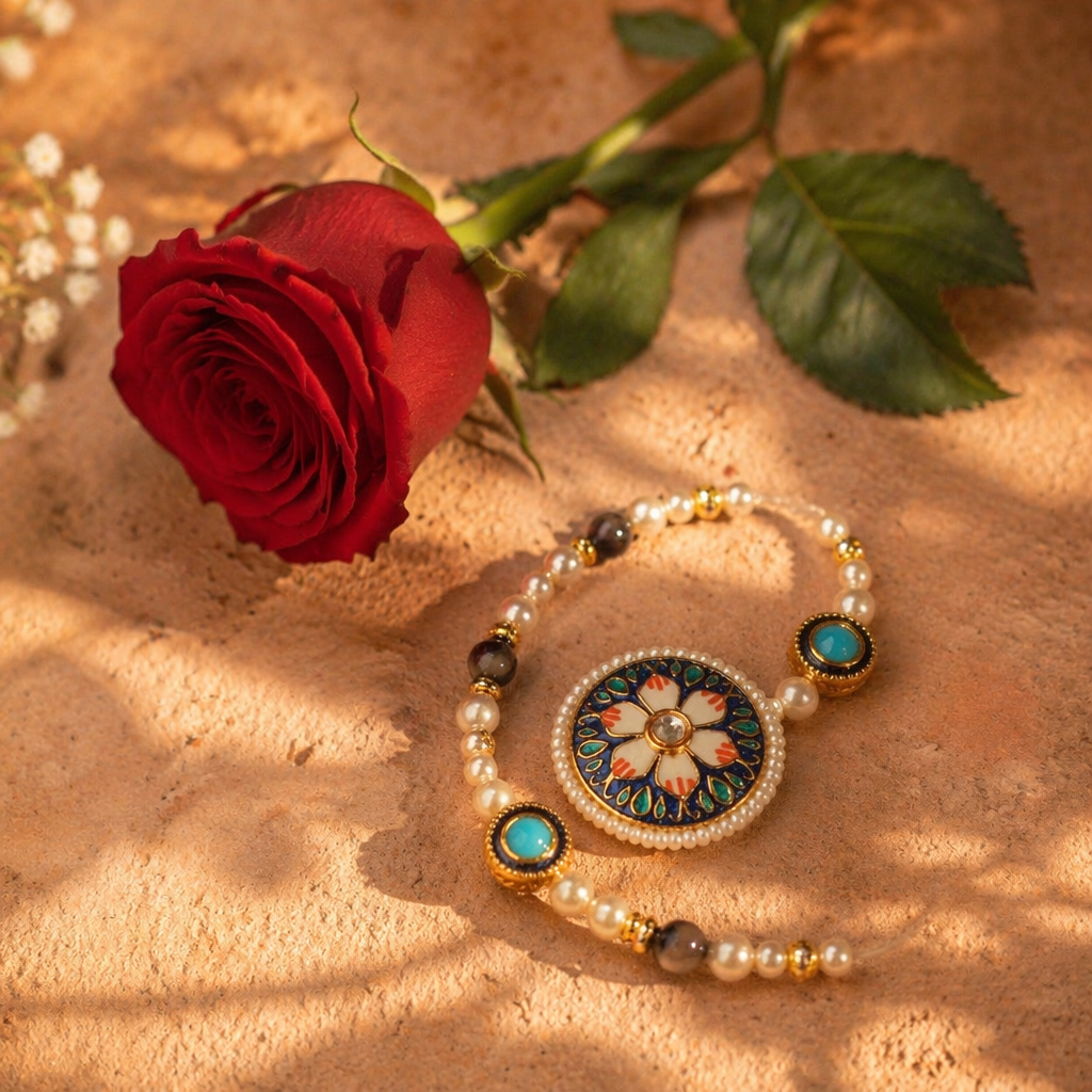 Hand-Painted Meenakari — Lotus Rakhi Set