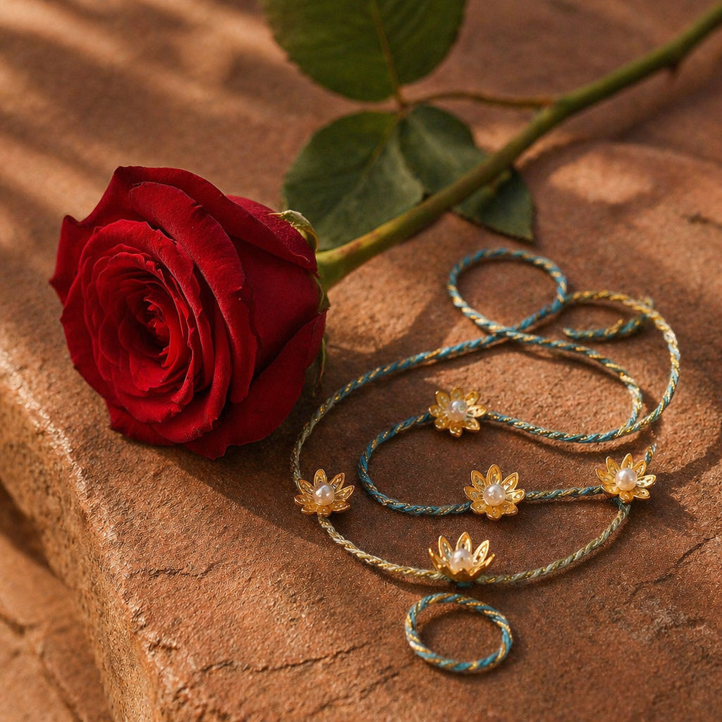 Gold Gul — Hand-Strung Pearl Flower Rakhi Set