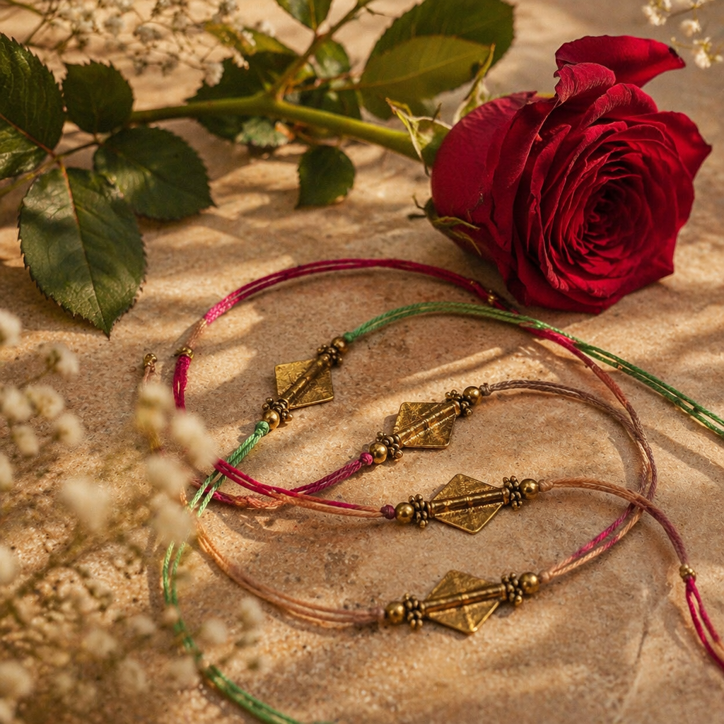 Hand-Strung Faceted Brass — Diamond Bead Rakhi