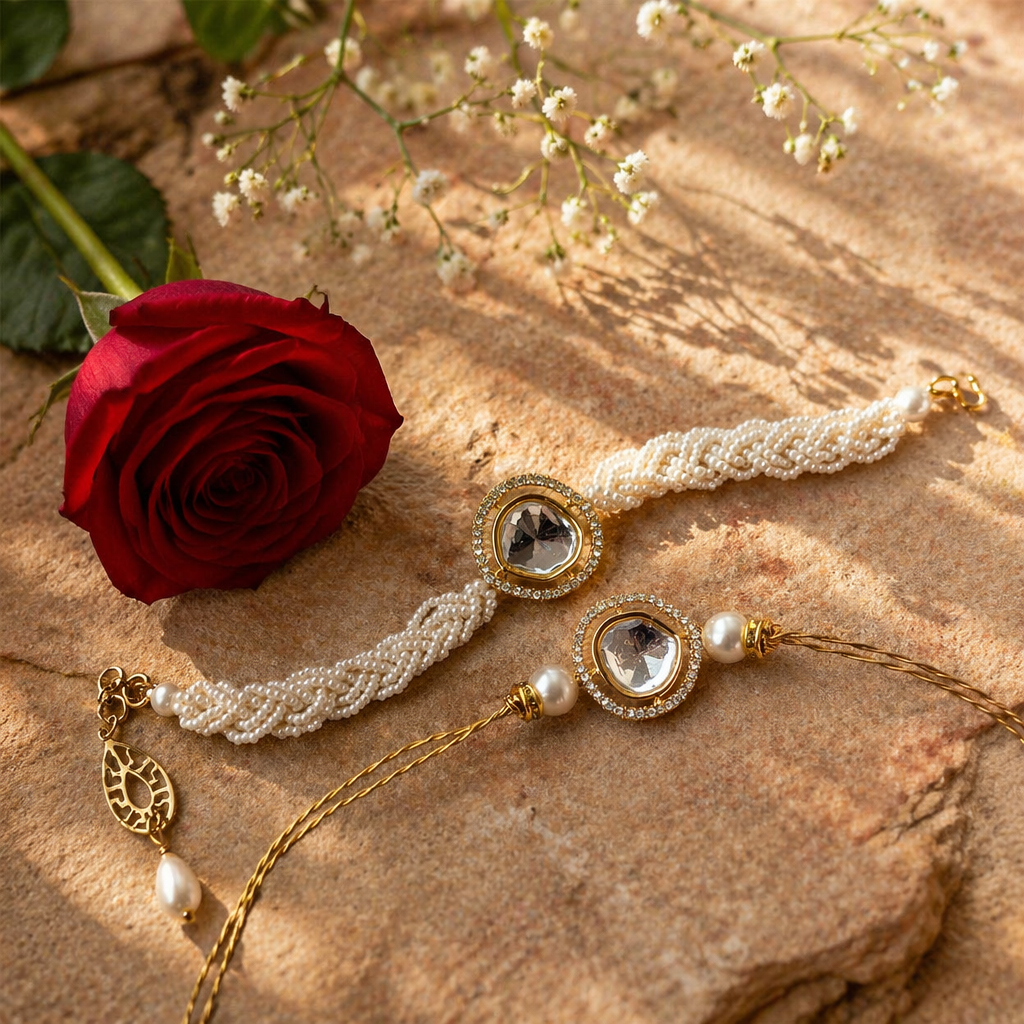 Handcrafted Polki Pearl — Bhaiya-Bhabhi Rakhi Hamper