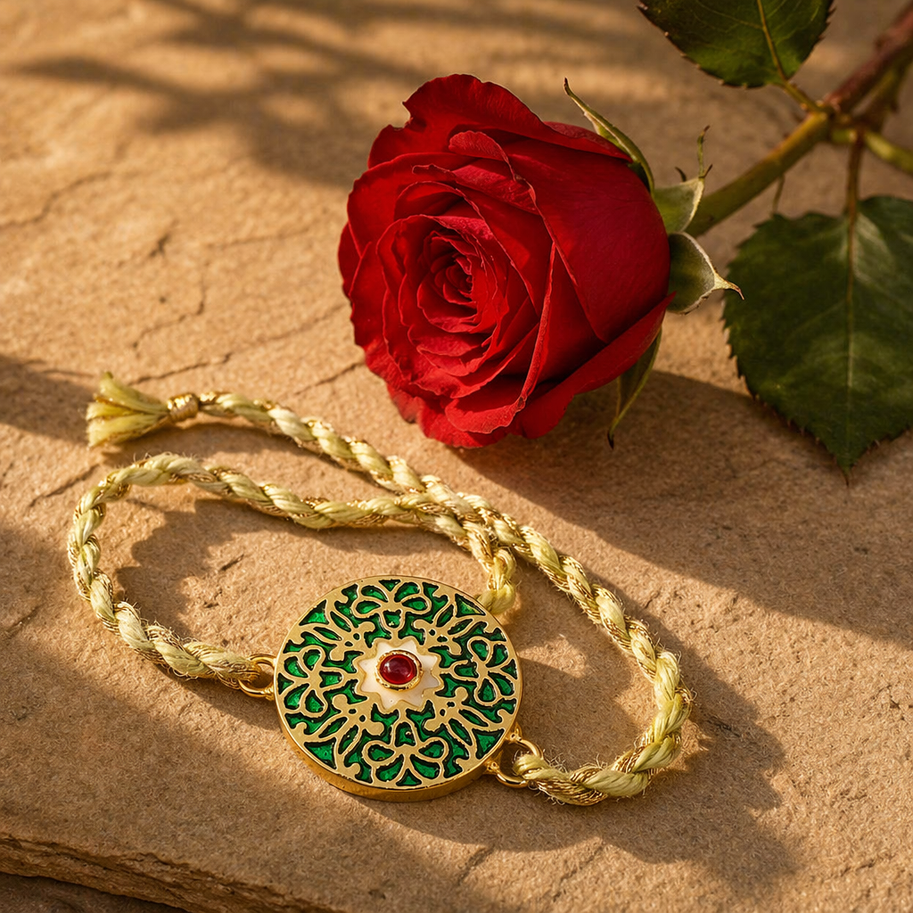 Green Buta Meenakari — Handcrafted Brass Rakhi