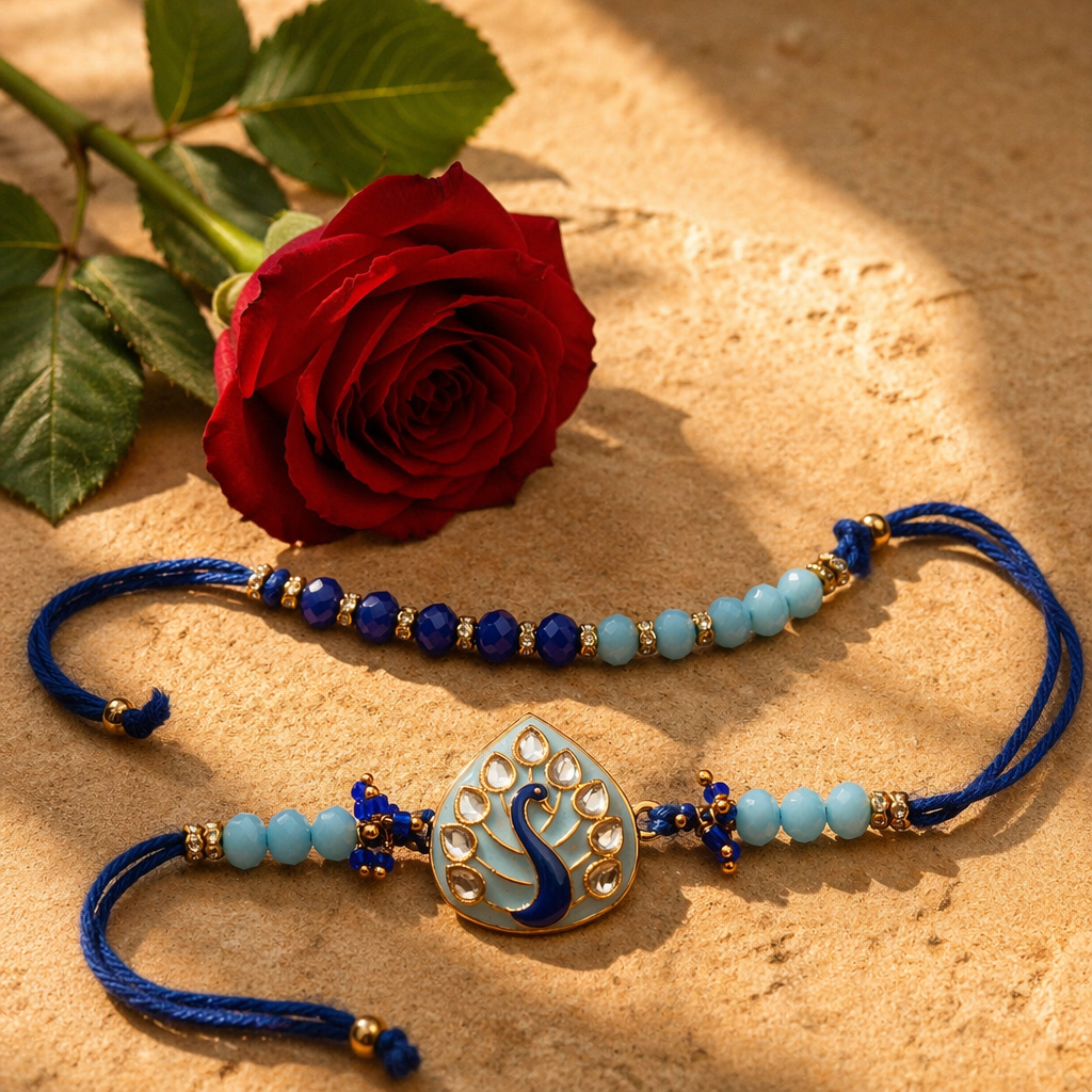 Meenakari Peacock — Hand-Set Rakhi Duo