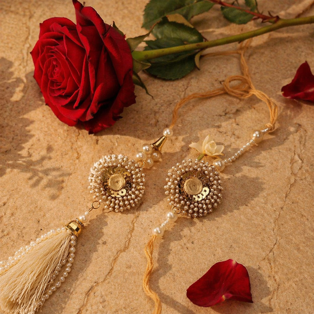 Hand-Strung Golden Cowry — Bhaiya-Bhabhi Rakhi Duo