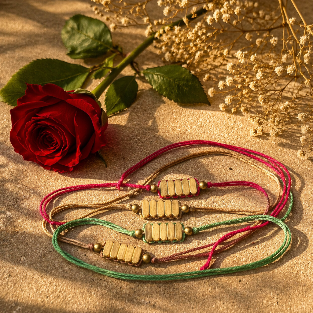 Hand-Strung English Tint — Rectangle Brass Bead Rakhi