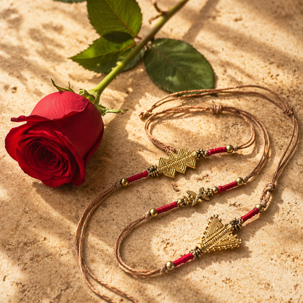 Brass Trio — Handcrafted Patwa Rakhi Set