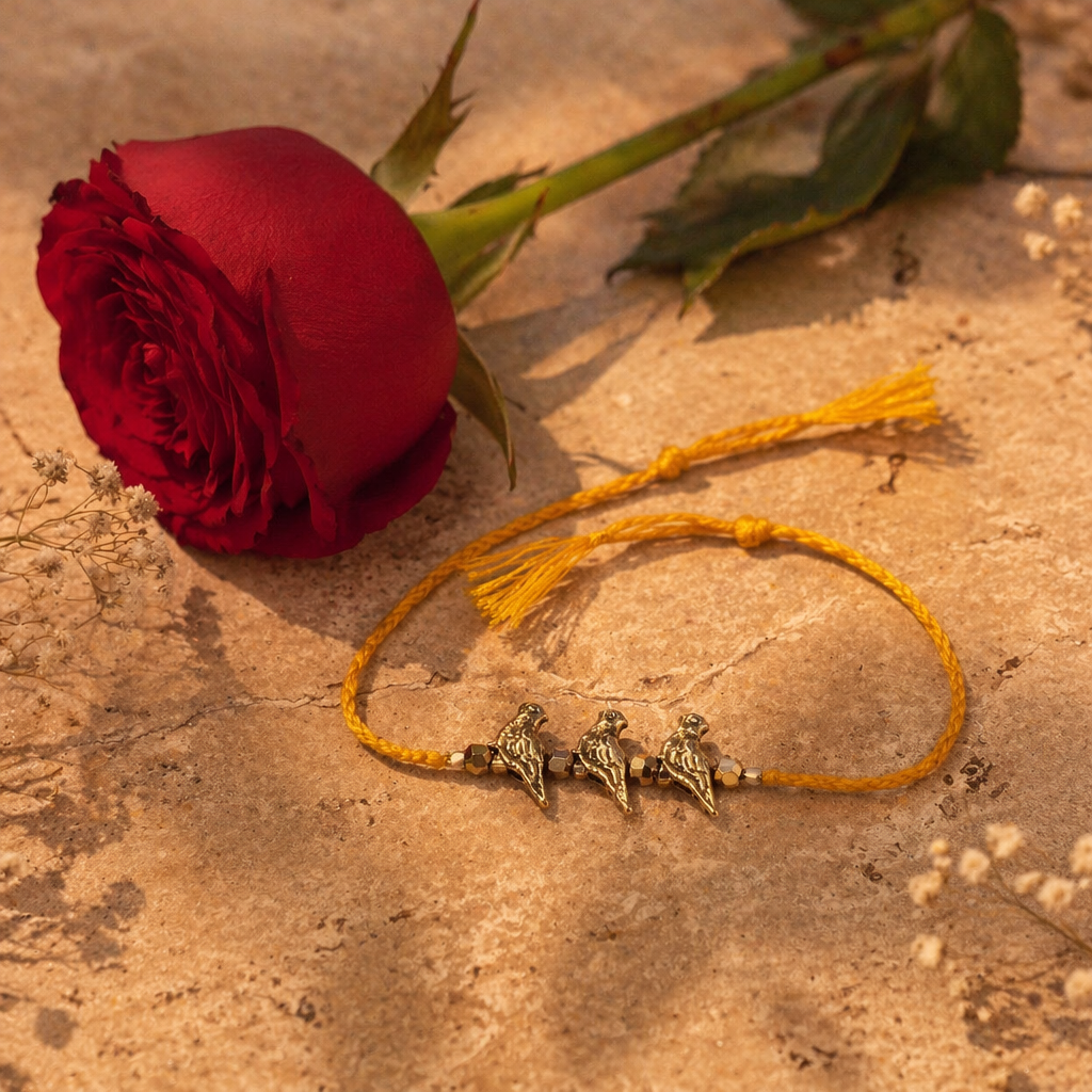 Mustard Birdie — Handcrafted Brass Rakhi