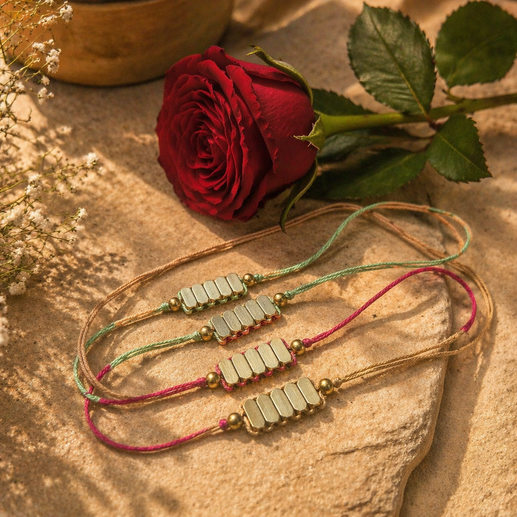 Hand-Strung Colour-Finished Brass — Rectangle Bead Rakhi