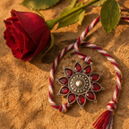 Hand-Set Kundan — Pearl & Red Stone Lumba Rakhi