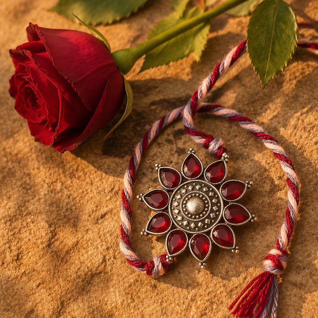 Hand-Set Kundan — Pearl & Red Stone Lumba Rakhi