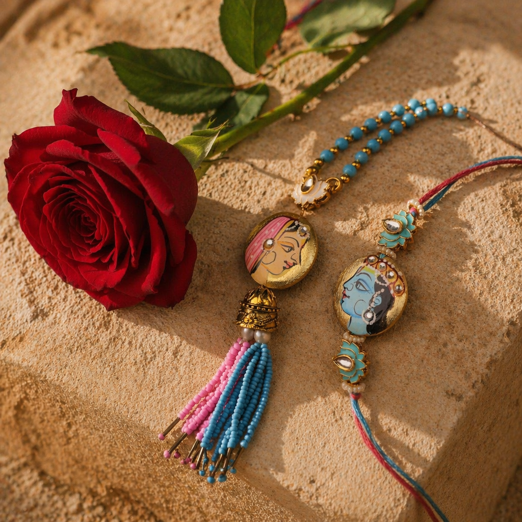 Hand-Painted Radha Krishna — Bhaiya-Bhabhi Rakhi Set
