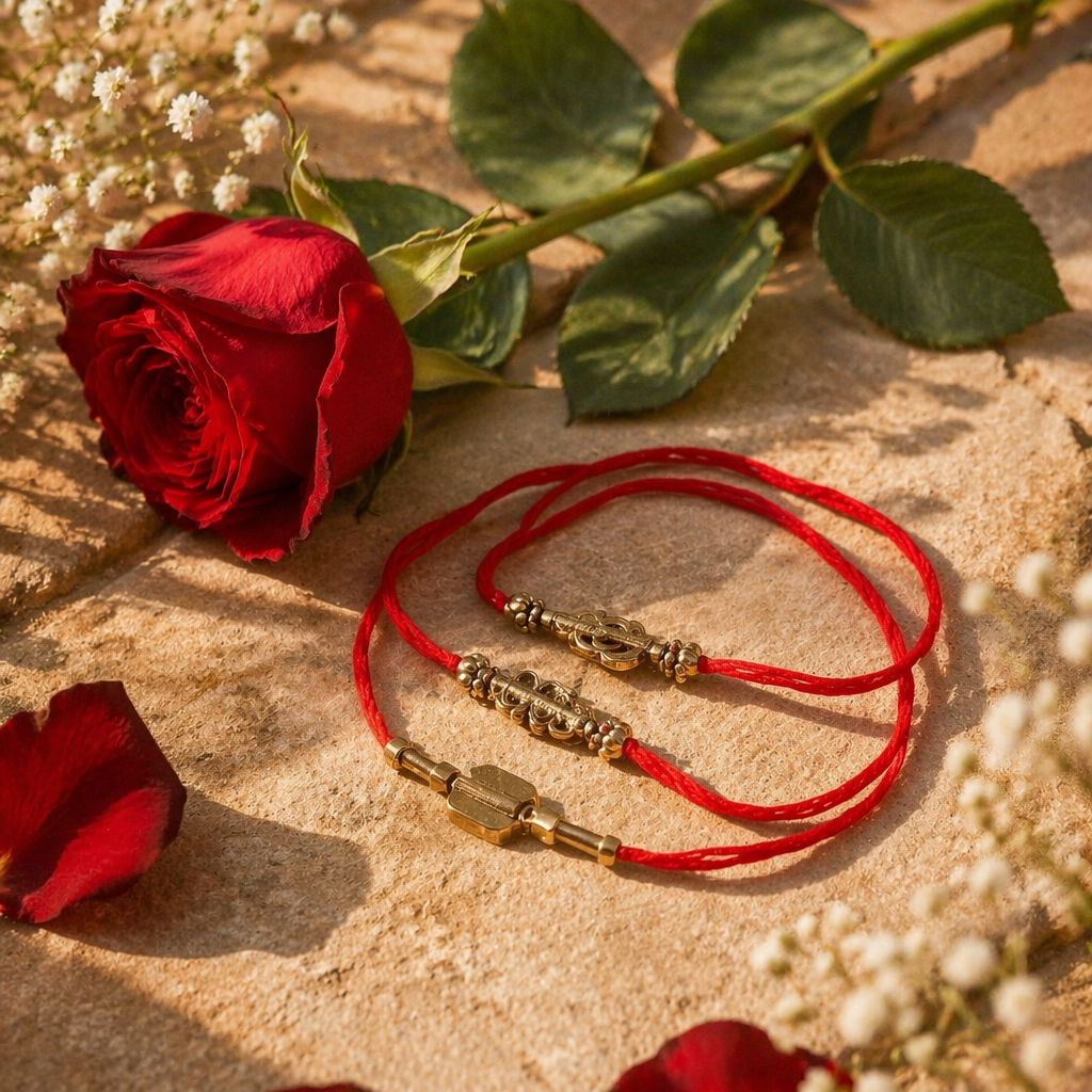 Hand-Strung Cast Brass — Beaded Rakhi on Red Cord