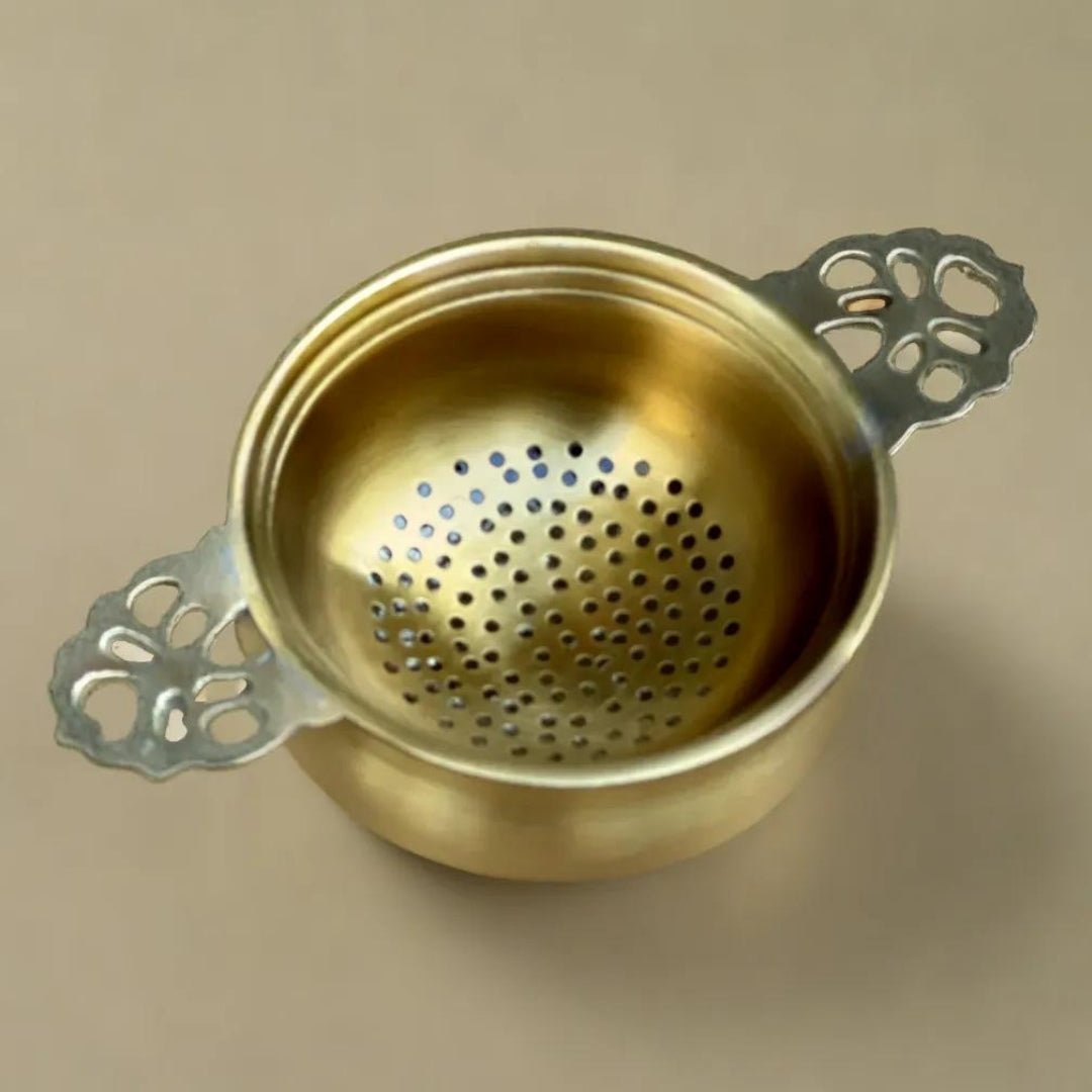 Brass Tea Strainer & Bowl For Everyday Luxury Kitchen Usage | Handmade In India - 7.5cm x 12.5cm / Brass / Natural