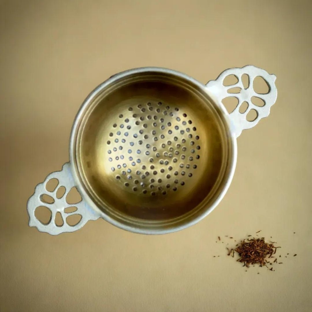 Brass Tea Strainer & Bowl For Everyday Luxury Kitchen Usage | Handmade In India - 7.5cm x 12.5cm / Brass / Natural