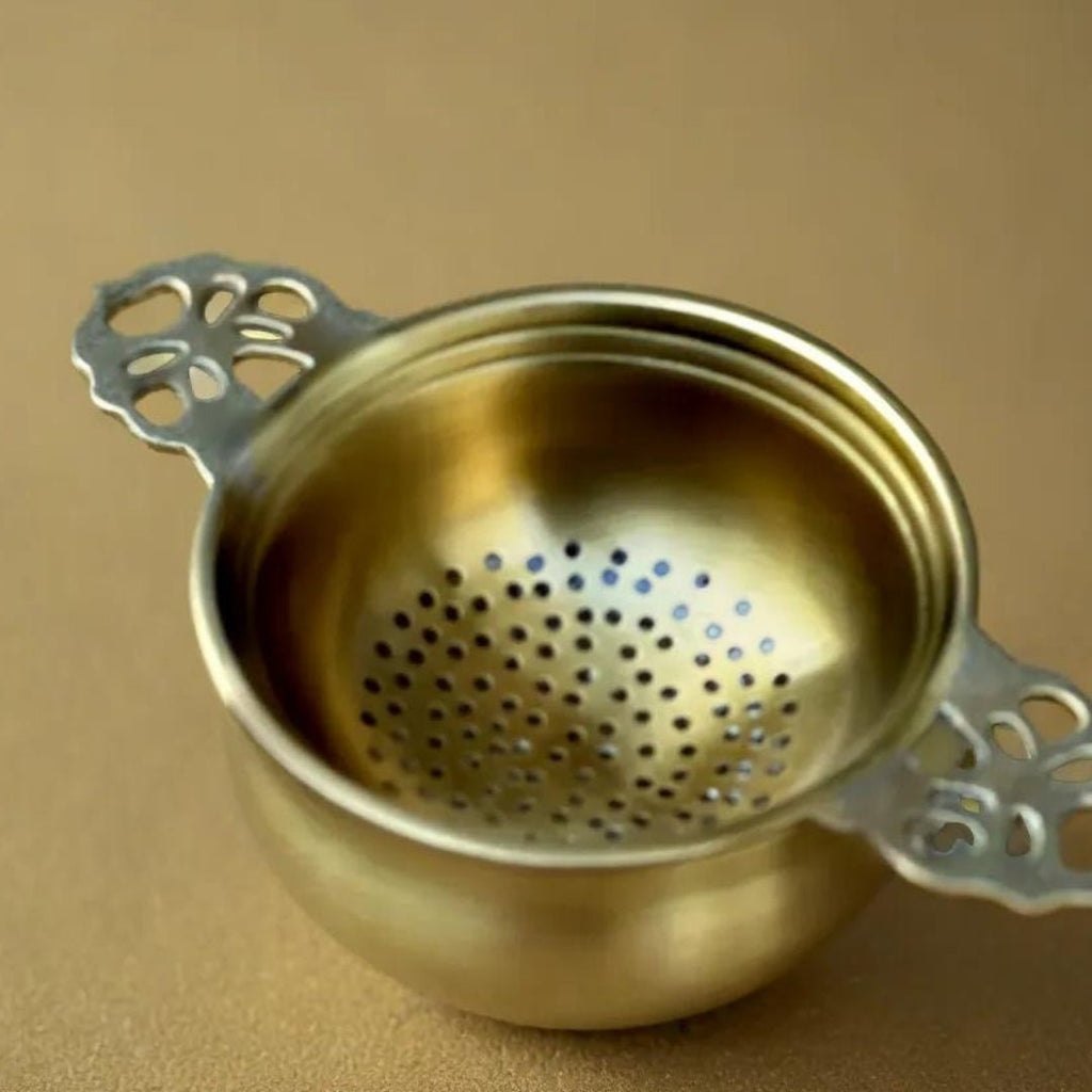 Brass Tea Strainer & Bowl For Everyday Luxury Kitchen Usage | Handmade In India - 7.5cm x 12.5cm / Brass / Natural