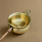 Tea Strainer and Bowl made with Pure Brass and a Wooden handle for Everyday Luxury Kitchen usage | Size 7.5 cm by 21 cm