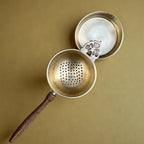 Tea Strainer and Bowl made with Pure Brass and a Wooden handle for Everyday Luxury Kitchen usage | Size 7.5 cm by 21 cm