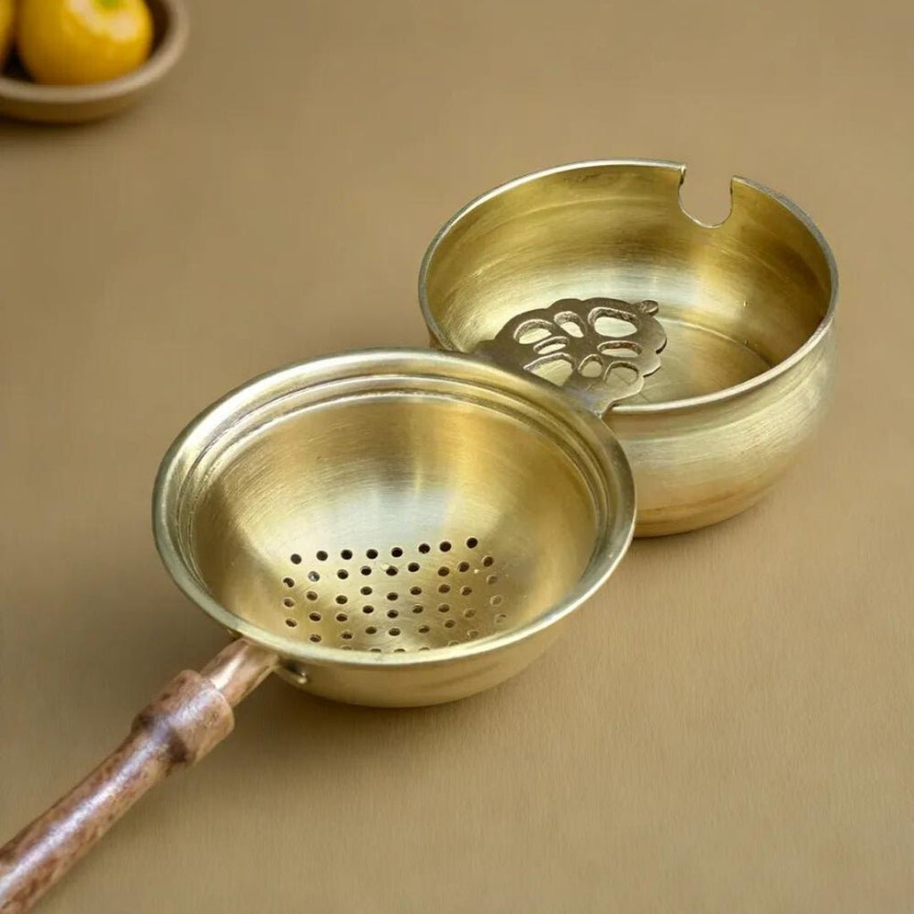 Tea Strainer and Bowl made with Pure Brass and a Wooden handle for Everyday Luxury Kitchen usage | Size 7.5 cm by 21 cm