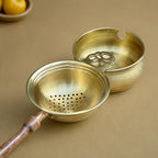 Tea Strainer and Bowl made with Pure Brass and a Wooden handle for Everyday Luxury Kitchen usage | Size 7.5 cm by 21 cm