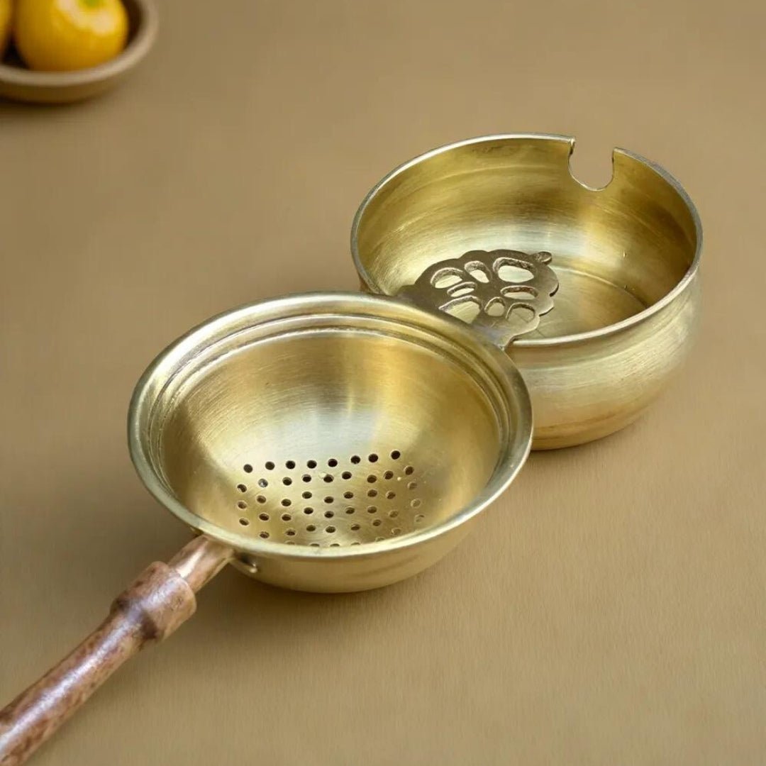 Tea Strainer and Bowl made with Pure Brass and a Wooden handle for Everyday Luxury Kitchen usage | Size 7.5 cm by 21 cm