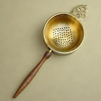 Tea Strainer and Bowl made with Pure Brass and a Wooden handle for Everyday Luxury Kitchen usage | Size 7.5 cm by 21 cm