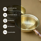 Tea Strainer and Bowl made with Pure Brass and a Wooden handle for Everyday Luxury Kitchen usage | Size 7.5 cm by 21 cm