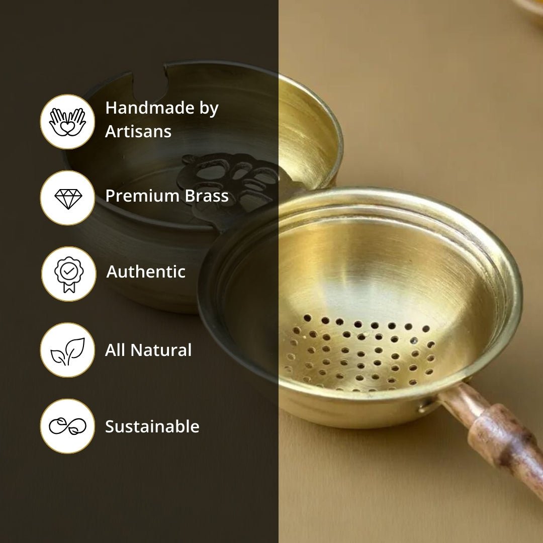Tea Strainer and Bowl made with Pure Brass and a Wooden handle for Everyday Luxury Kitchen usage | Size 7.5 cm by 21 cm