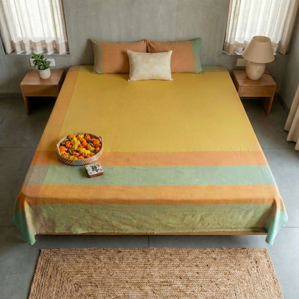 Citrine Yellow and Green Cotton Bed Cover | Marigold Collection - 60 x 90 Inches / Pure Cotton / Citrine Yellow Green