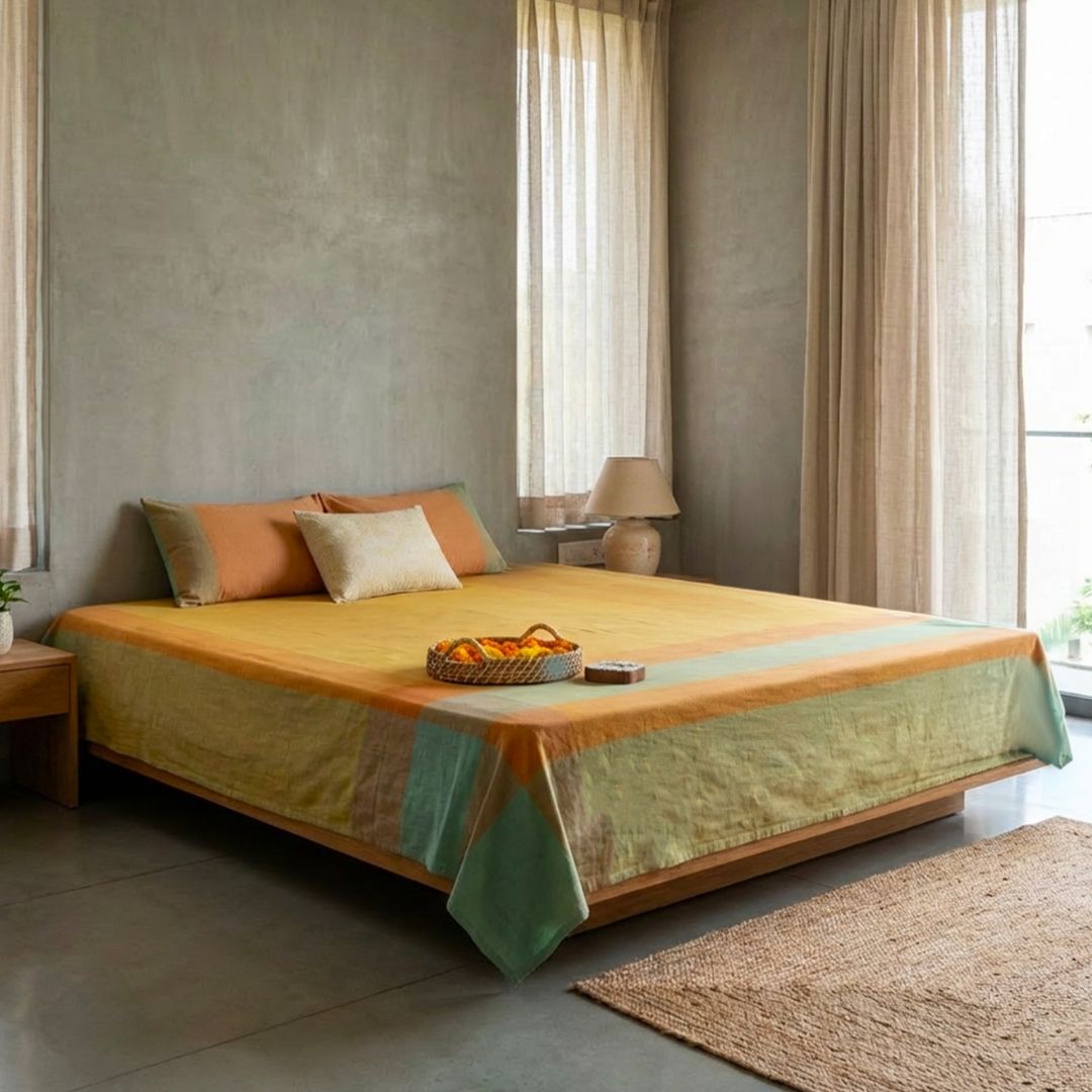 Citrine Yellow and Green Cotton Bed Cover | Marigold Collection - 60 x 90 Inches / Pure Cotton / Citrine Yellow Green