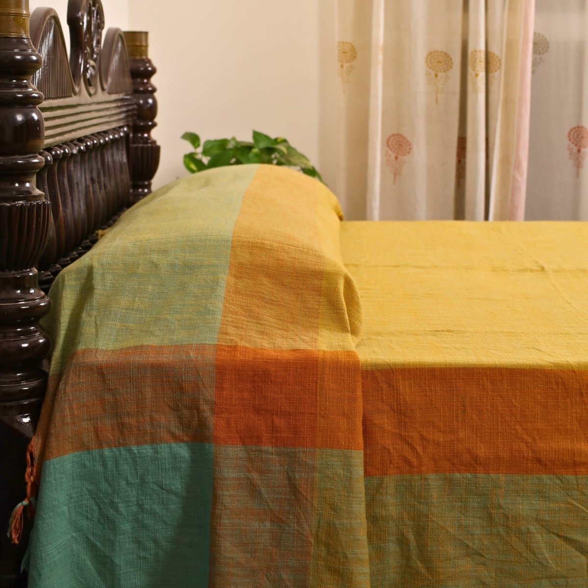 Citrine Yellow and Green Cotton Bed Cover | Marigold Collection - 60 x 90 Inches / Pure Cotton / Citrine Yellow Green