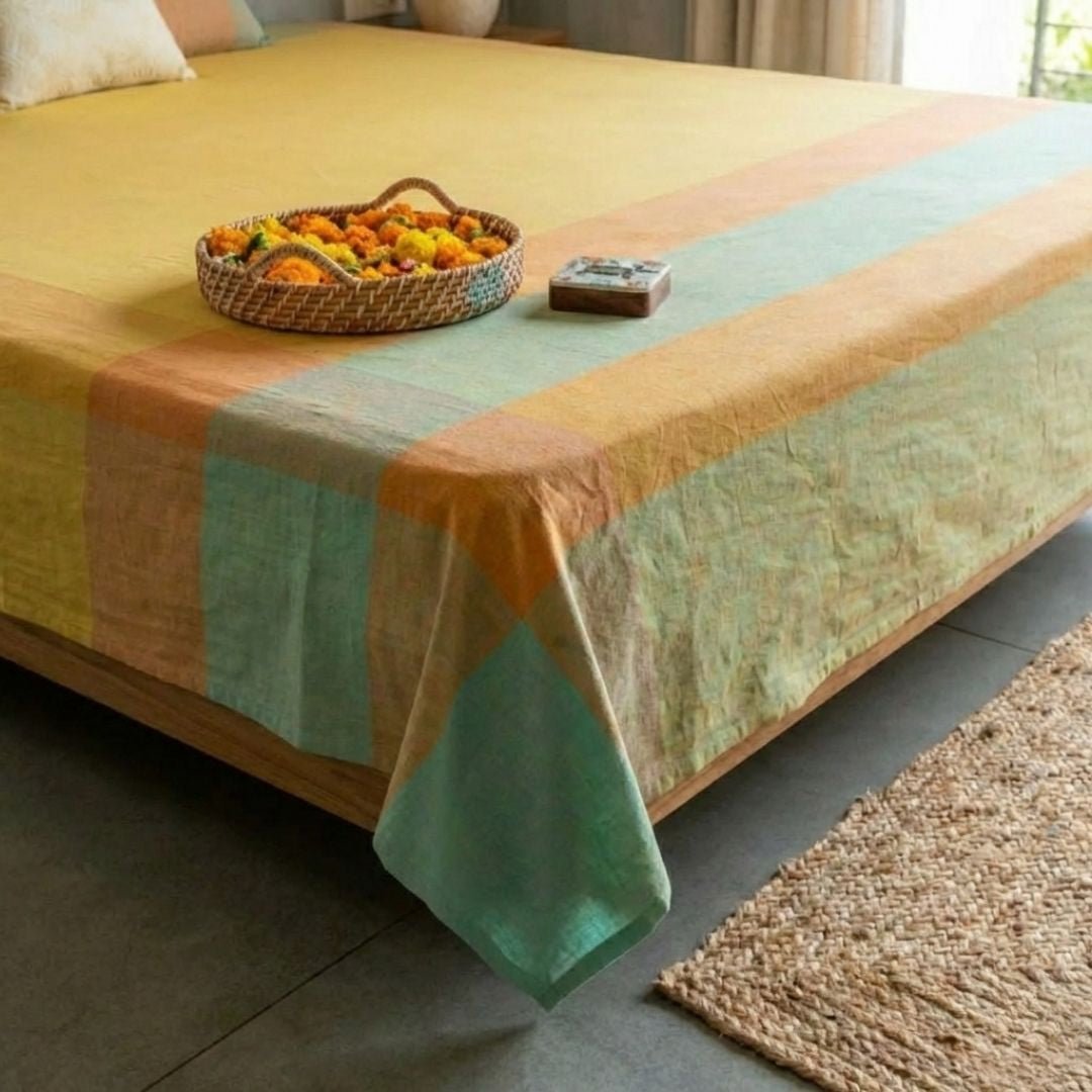 Citrine Yellow and Green Cotton Bed Cover | Marigold Collection - 60 x 90 Inches / Pure Cotton / Citrine Yellow Green