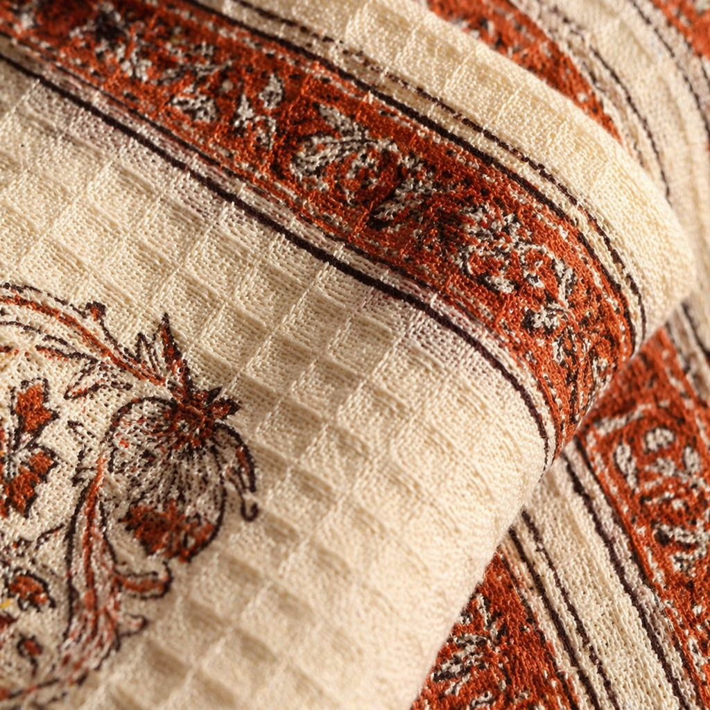 Block-Printed Off White and Peach Towel Set, The Linen Room. Handmade in India by House of Taraasha.