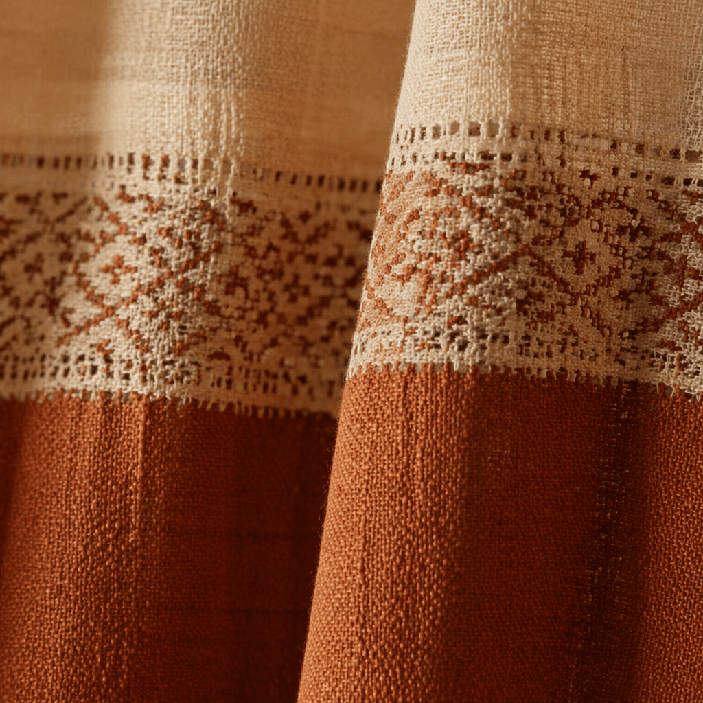 Rust and Off White Reversible Crochet-Border Door Curtain, The Draped Window. Handmade in India by House of Taraasha.