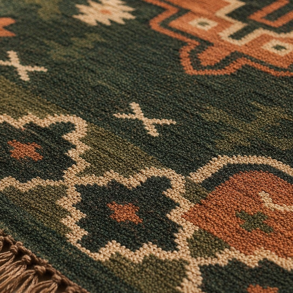 Green and Peach Punja-Woven Jute and Wool Floor Rug, The Woven Floor. Handmade in India by House of Taraasha.