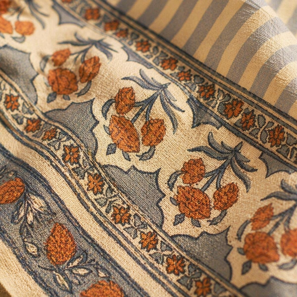 Royal Courtyards Table Cloth Blue and Dusty Pink, The Gathered Table. Handmade in India by House of Taraasha.